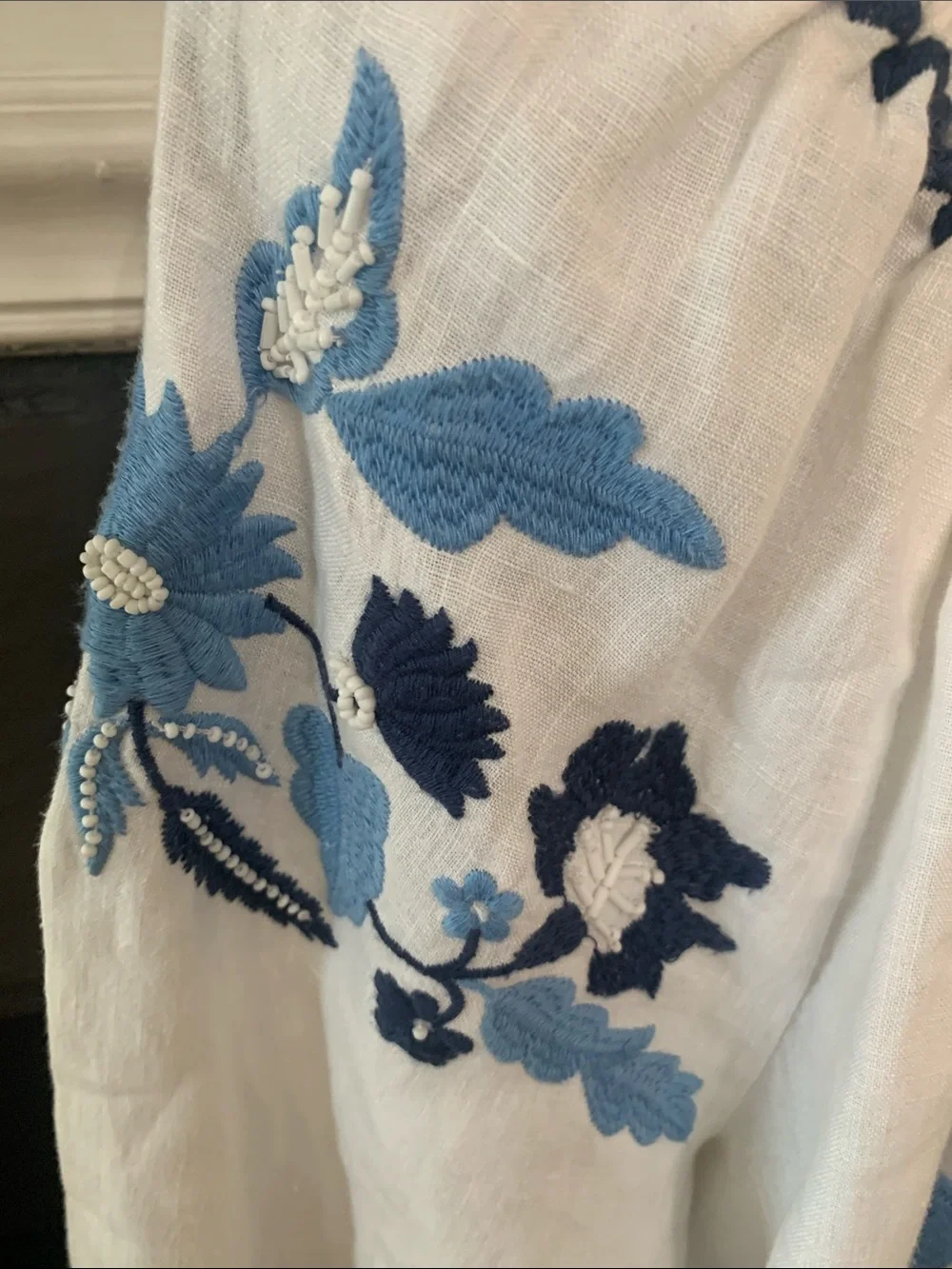 Charter Club White Peasant Blouse with Blue Floral Embroidery - Picture 3 of 7